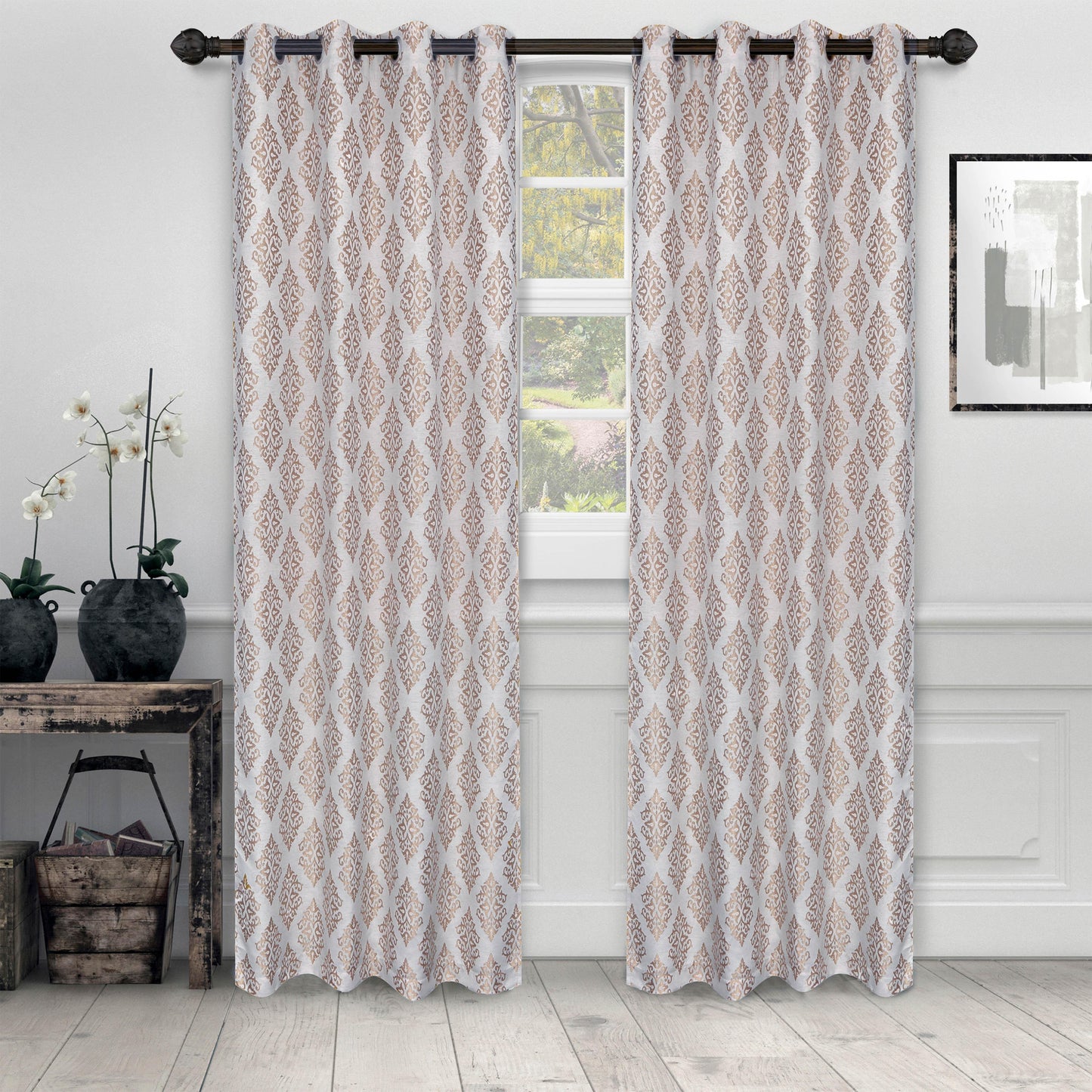 Venetian Damask Floral Jacquard Vintage Grommet Curtain Panel Set FredCo