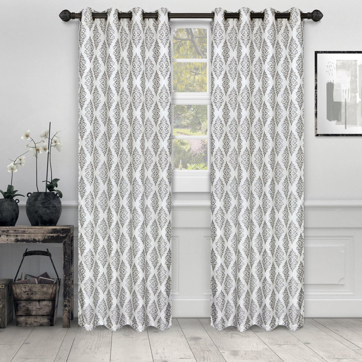 Venetian Damask Floral Jacquard Vintage Grommet Curtain Panel Set FredCo