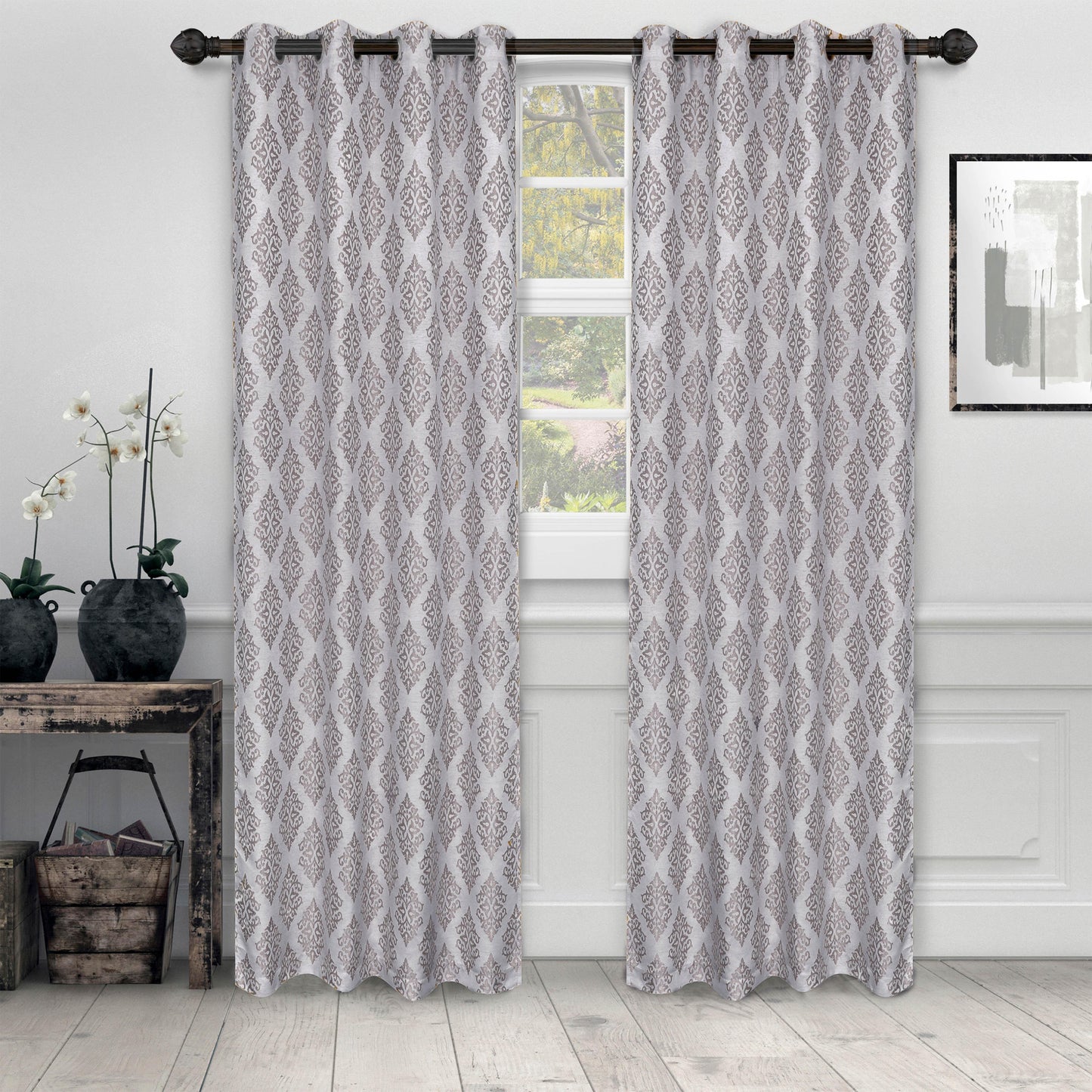 Venetian Damask Floral Jacquard Vintage Grommet Curtain Panel Set FredCo