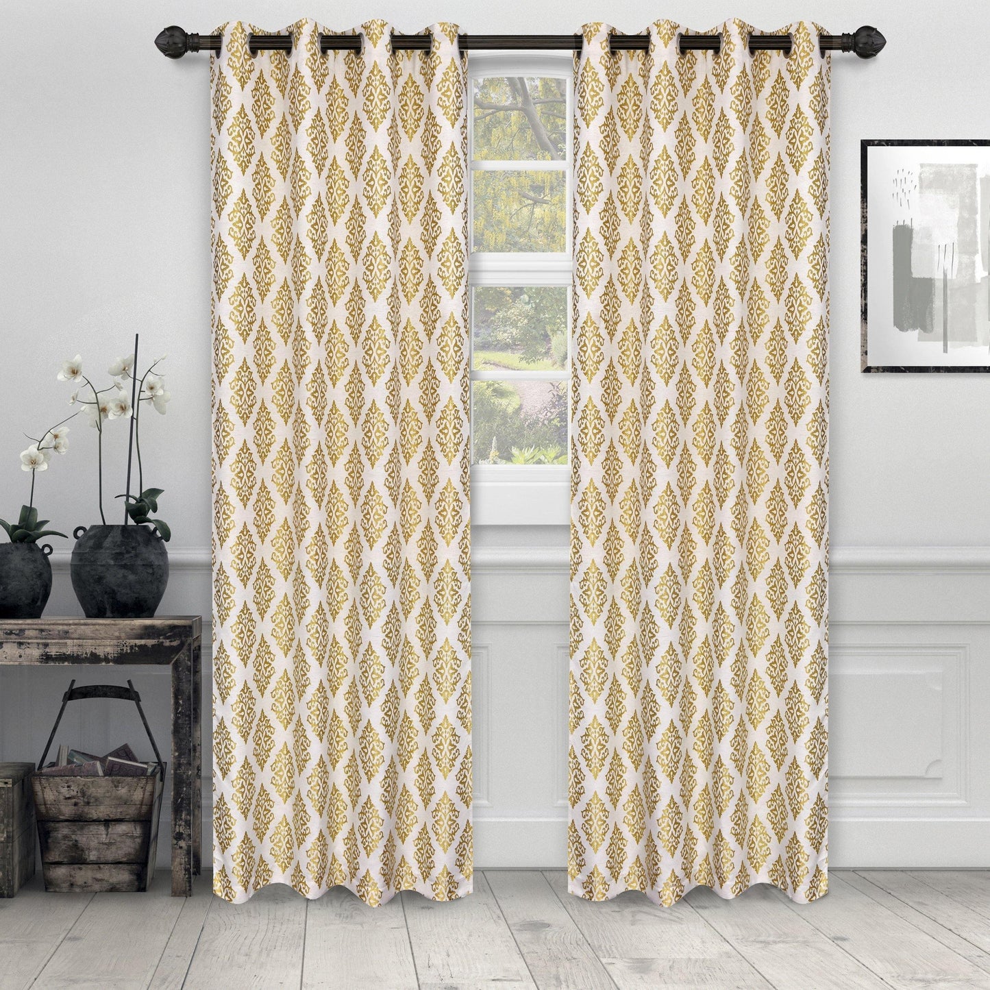 Venetian Damask Floral Jacquard Vintage Grommet Curtain Panel Set FredCo