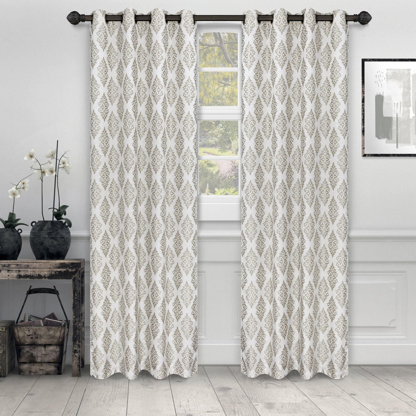 Venetian Damask Floral Jacquard Vintage Grommet Curtain Panel Set FredCo