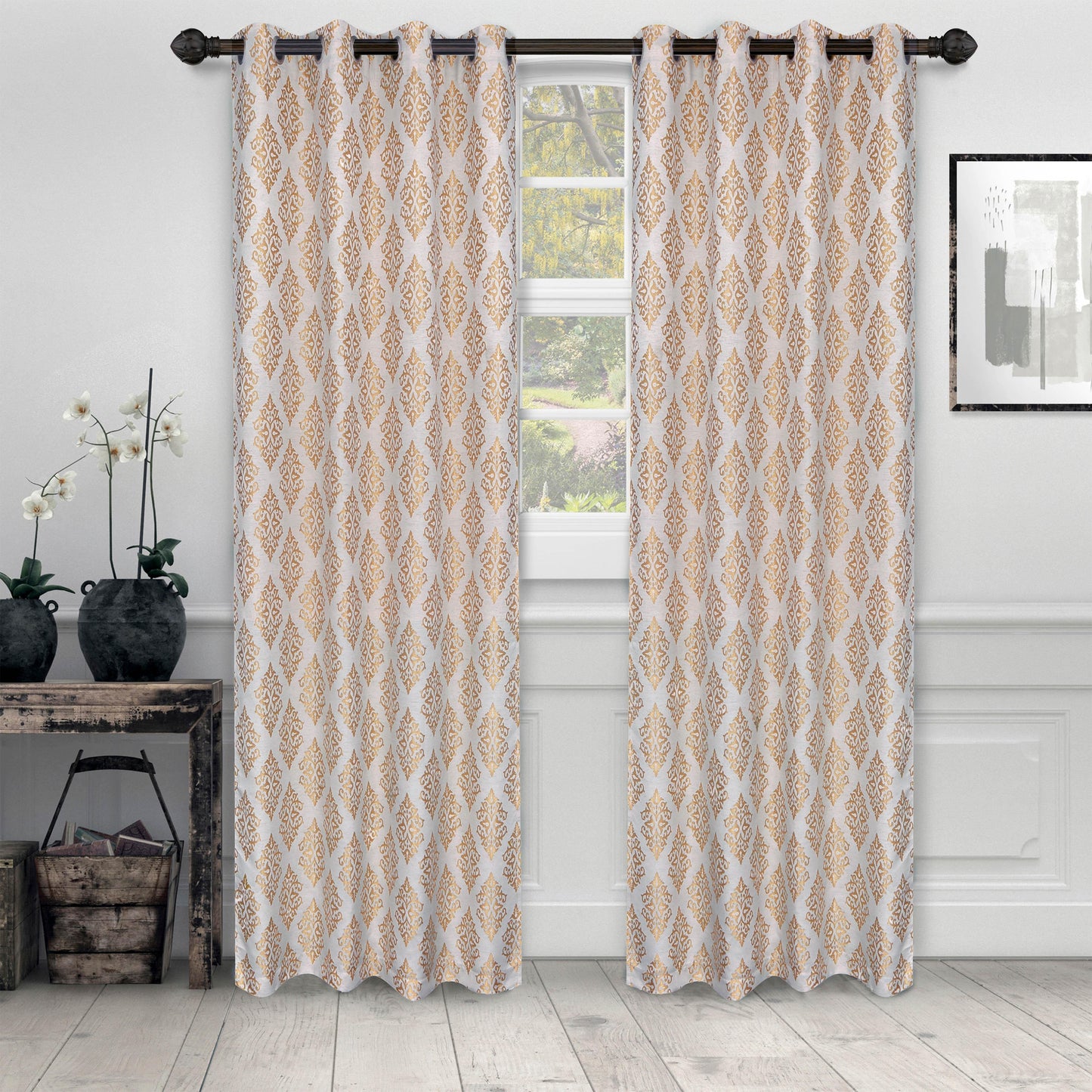 Venetian Damask Floral Jacquard Vintage Grommet Curtain Panel Set FredCo