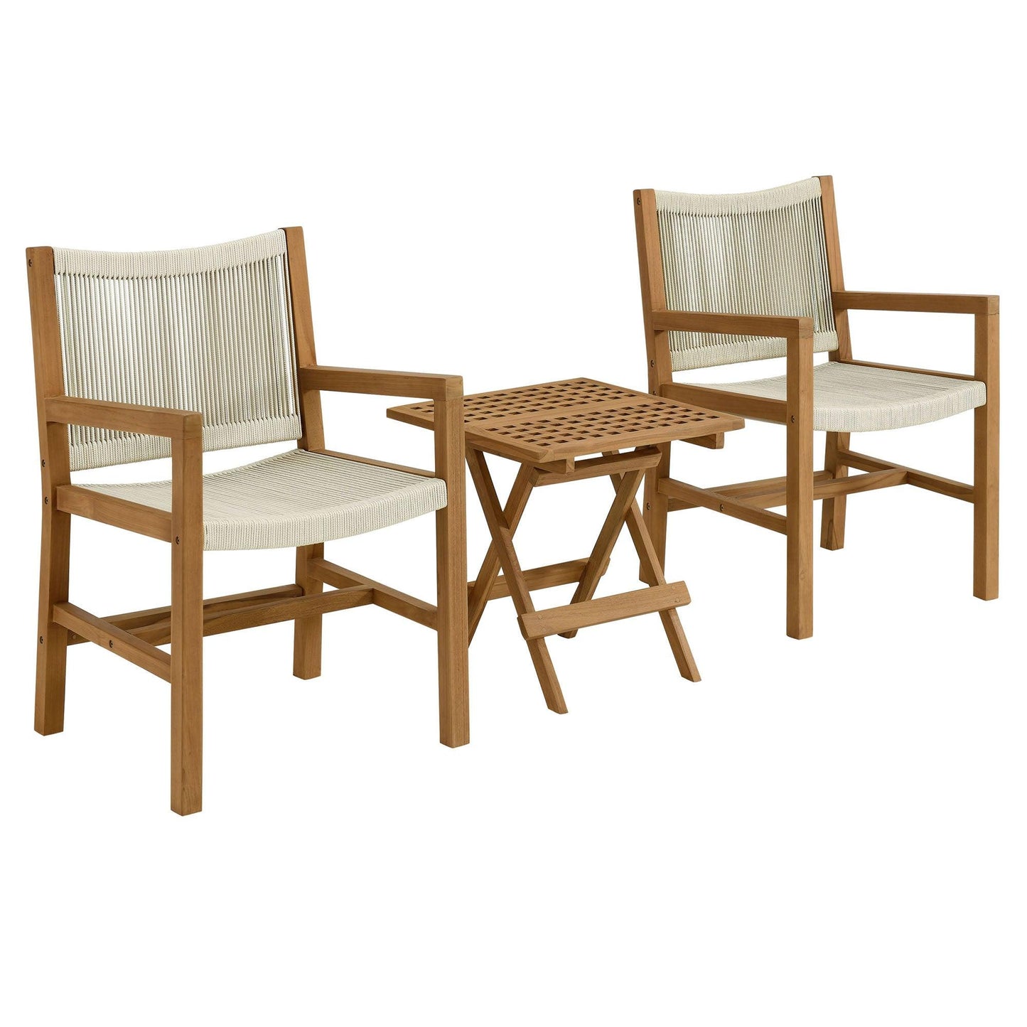 Vienna 3-Piece Outdoor Patio Teak and Rope Armchairs with Folding Side Table by Modway FredCo
