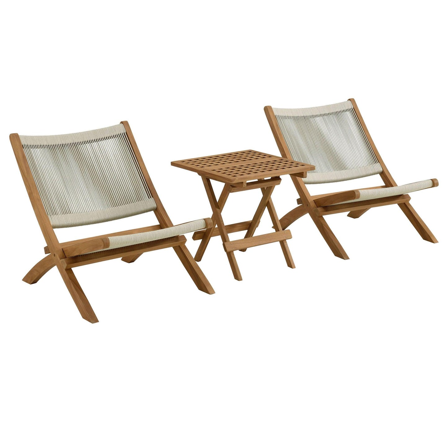 Vienna 3-Piece Outdoor Patio Teak and Rope Folding Lounge Chairs and Side Table by Modway FredCo
