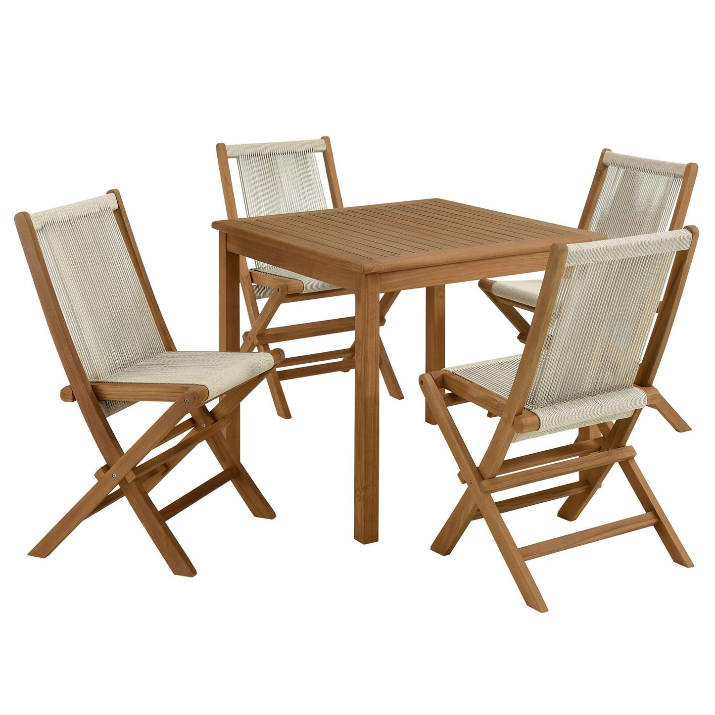 Vienna 5-Piece Outdoor Patio Teak Wood Dining Set with Rope Folding Chairs by Modway FredCo