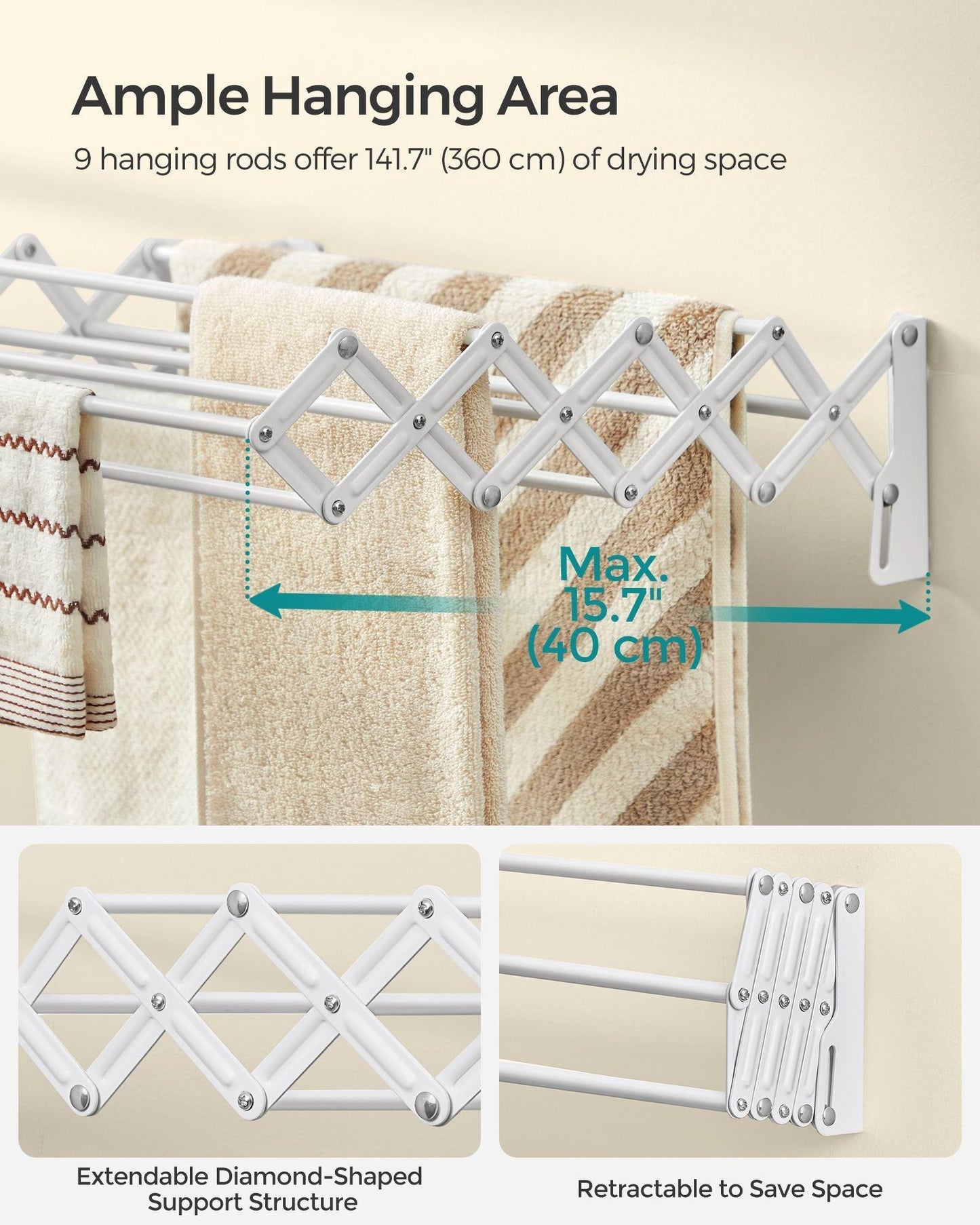Wall-Mounted Expandable Steel Clothes Drying Rack with 9 Rods Cloud White FredCo