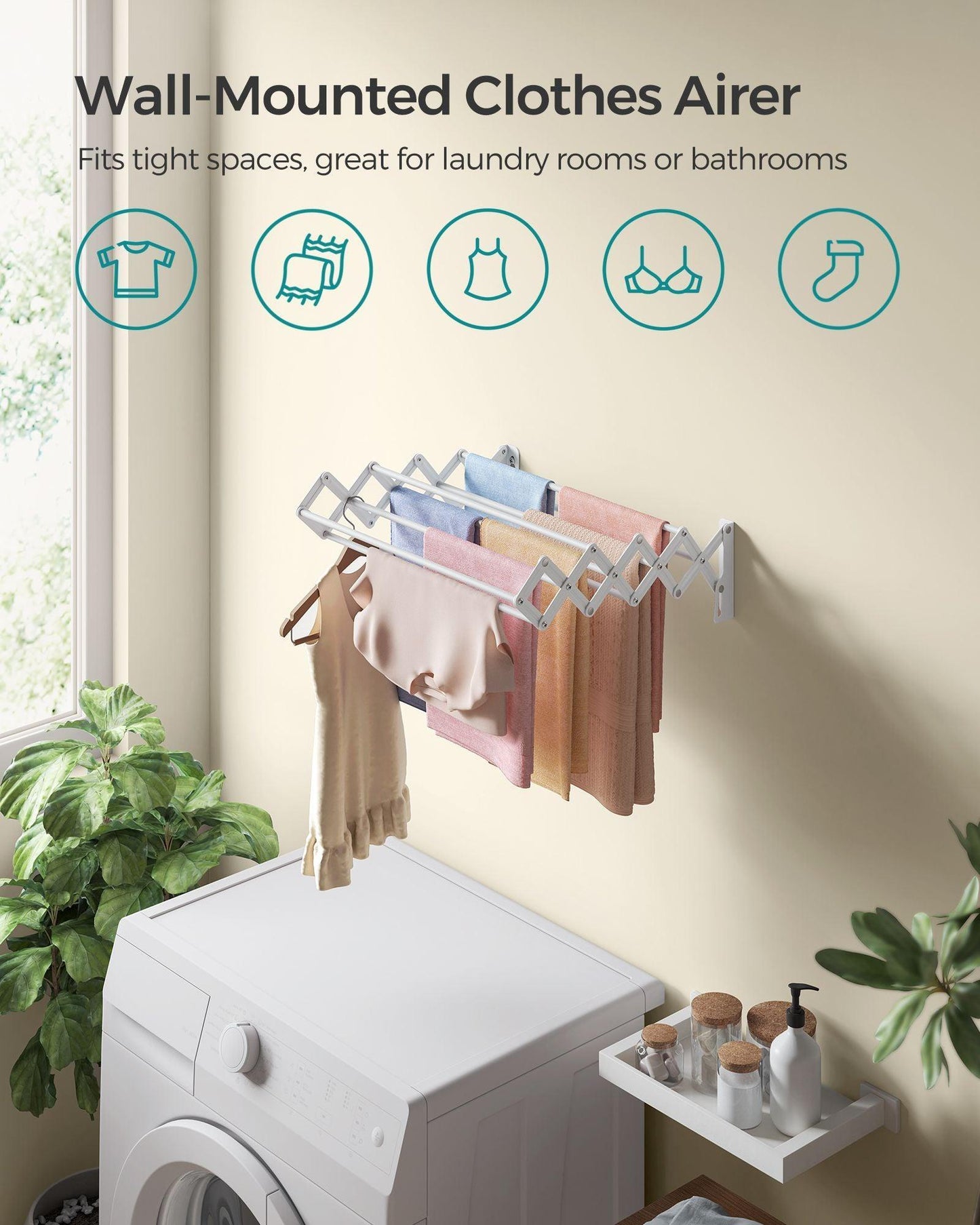 Wall-Mounted Expandable Steel Clothes Drying Rack with 9 Rods Cloud White FredCo