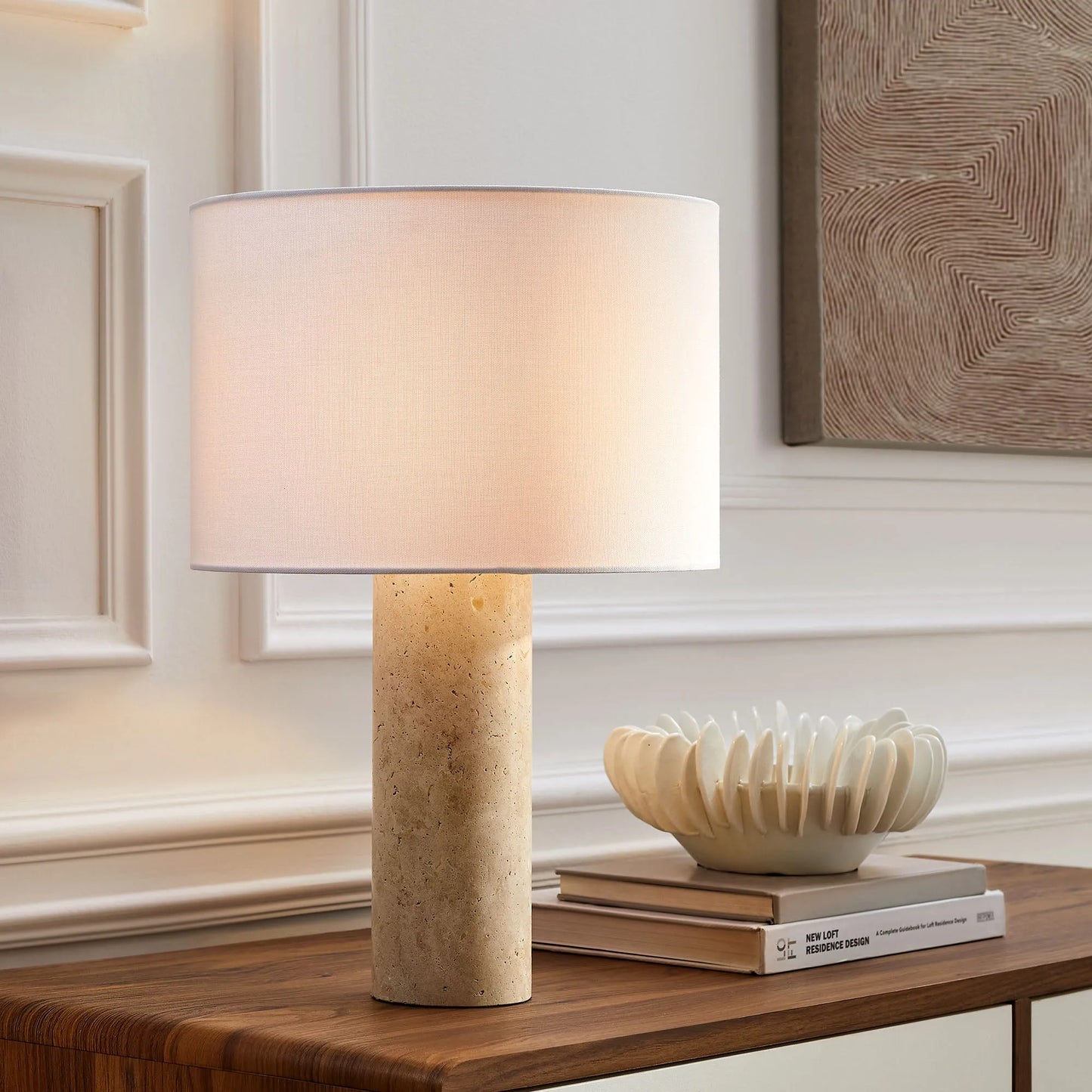 Zenith Travertine Table Lamp With Fabric Drum Shade by Modway EEI-7213 FredCo