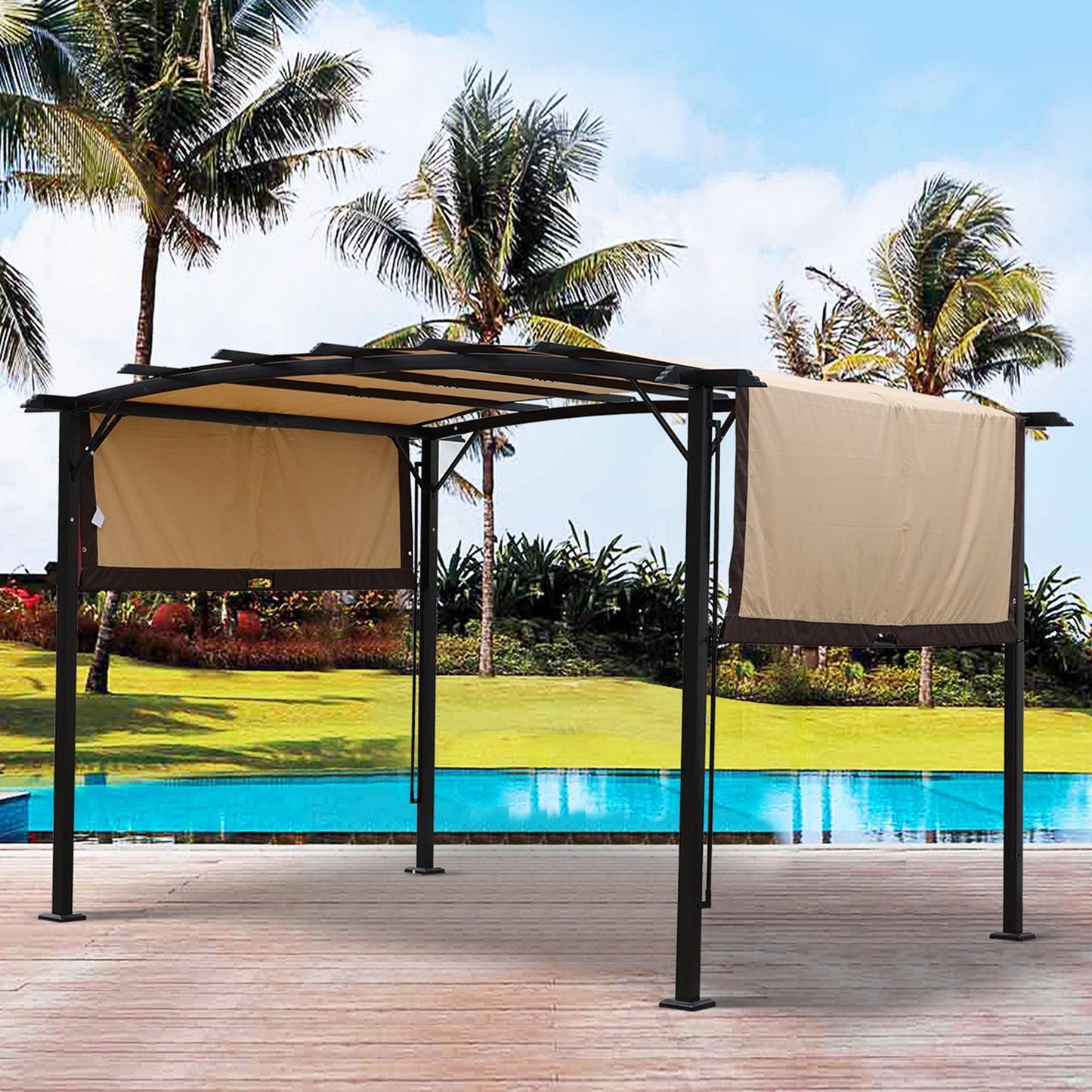 12 x 9 Ft Outdoor Pergola Patio Gazebo,Retractable Shade Canopy,Steel Frame Grape Gazebo,Sunshelter Pergola for Gardens,Terraces,Backyard FredCo