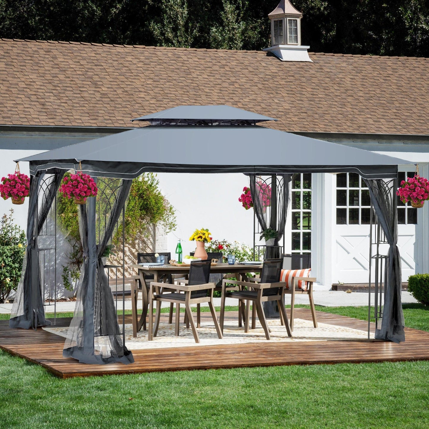 13x10 Outdoor Patio Gazebo Canopy Tent With Ventilated Double Roof And Mosquito net Grey FredCo