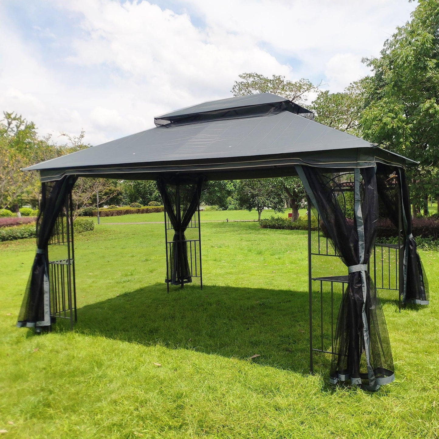13x10 Outdoor Patio Gazebo Canopy Tent With Ventilated Double Roof And Mosquito net Grey FredCo
