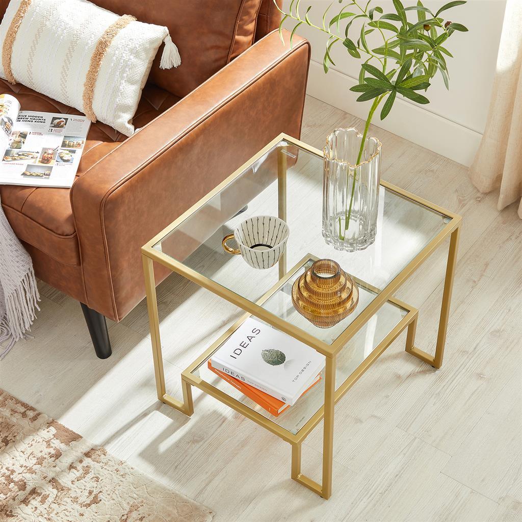 2 Tempered Glass Shelves Side Table Gold 19 Inch FredCo