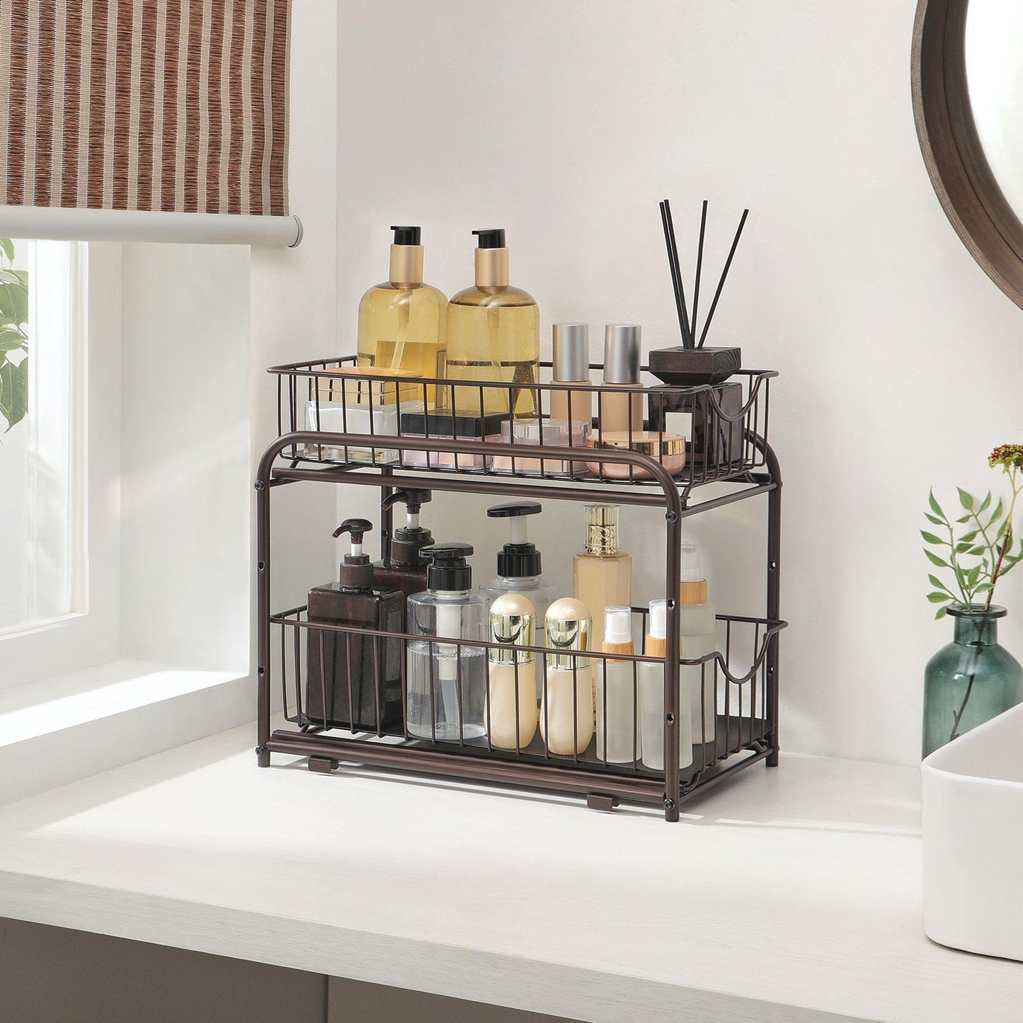 2-Tier Pull Out Cabinet Organizer with Storage Basket FredCo