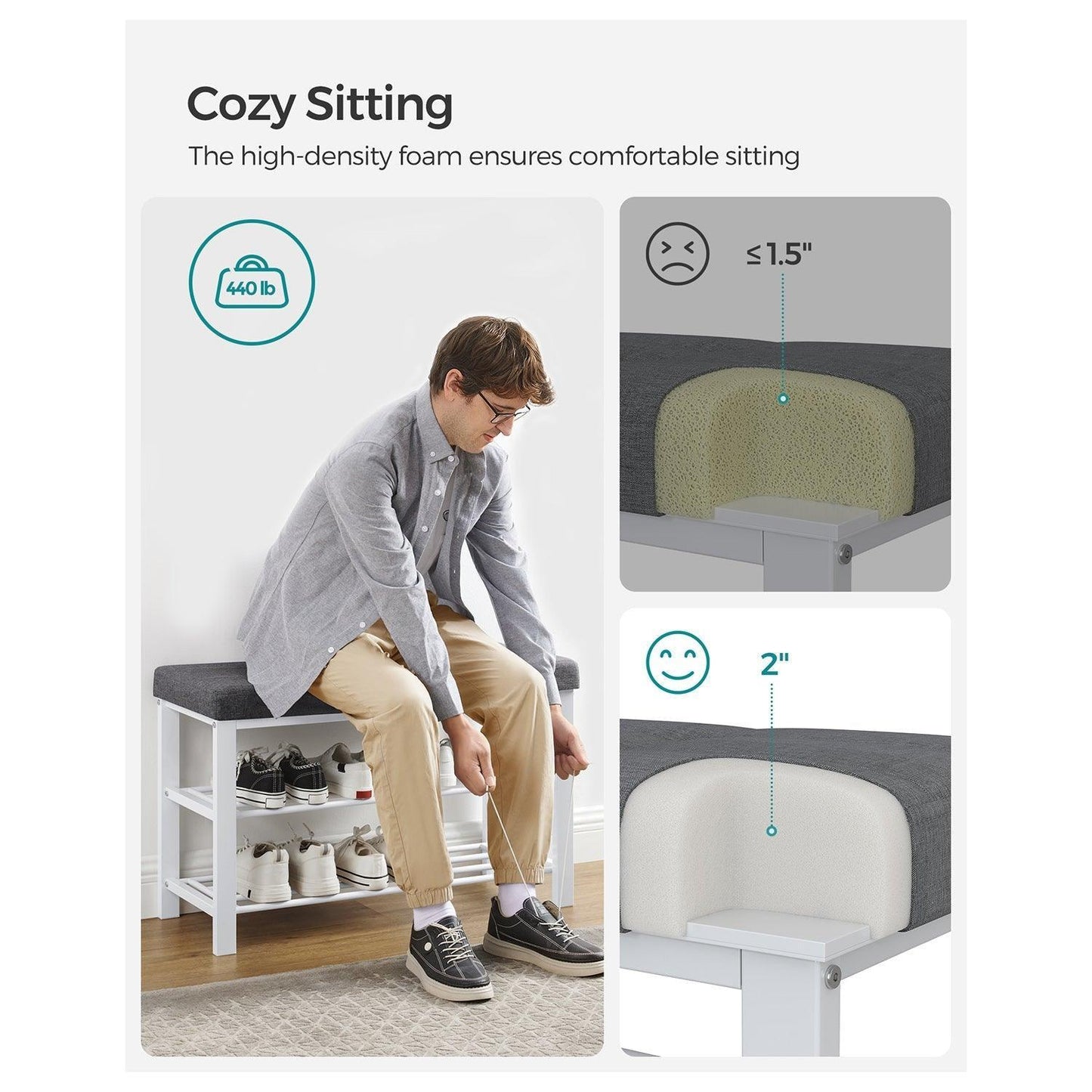 3-Tier Shoe Storage Bench White and Gray FredCo