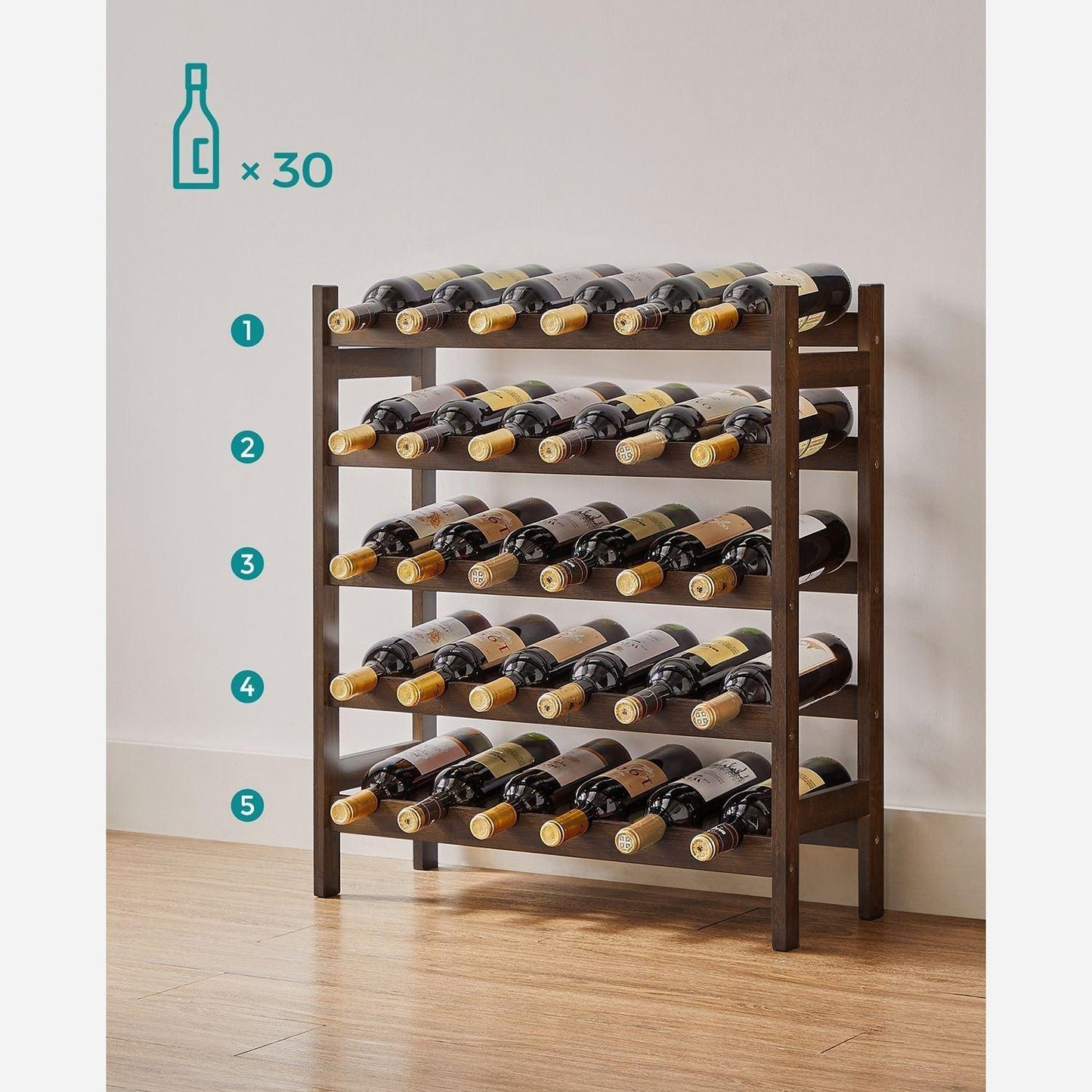 30- Bottle Walnut 5-Tier Wine Rack FredCo
