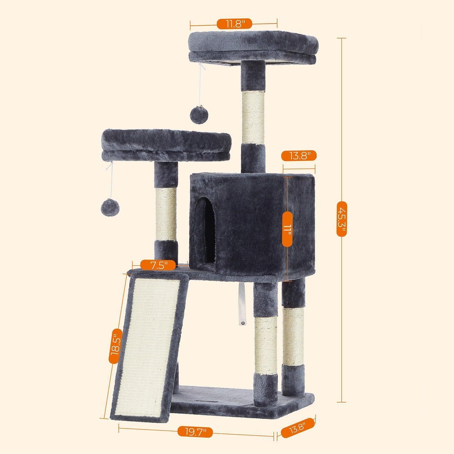 45.3-Inch Cat Condo with Scratching Post, Gray FredCo