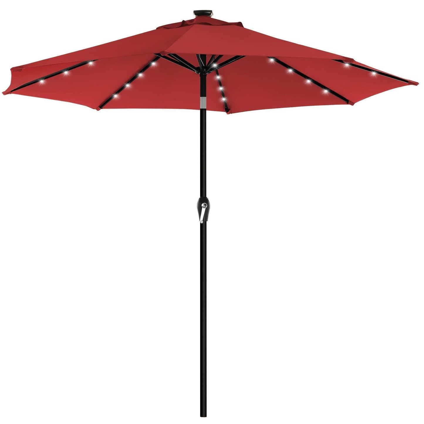 9 ft Solar Patio Red Umbrella, Lighted Outdoor Umbrella, 32 LED Lights, with Tilt and Crank Mechanism FredCo