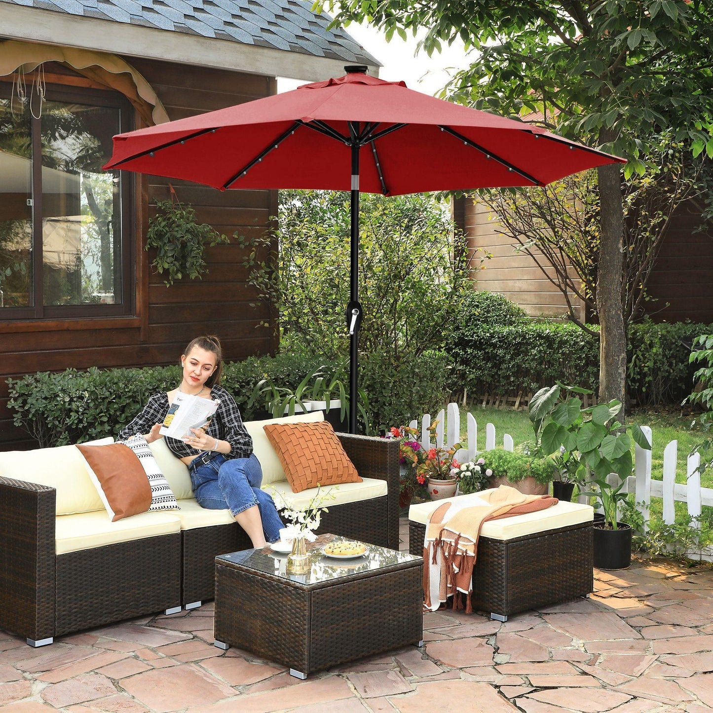 9 ft Solar Patio Red Umbrella, Lighted Outdoor Umbrella, 32 LED Lights, with Tilt and Crank Mechanism FredCo