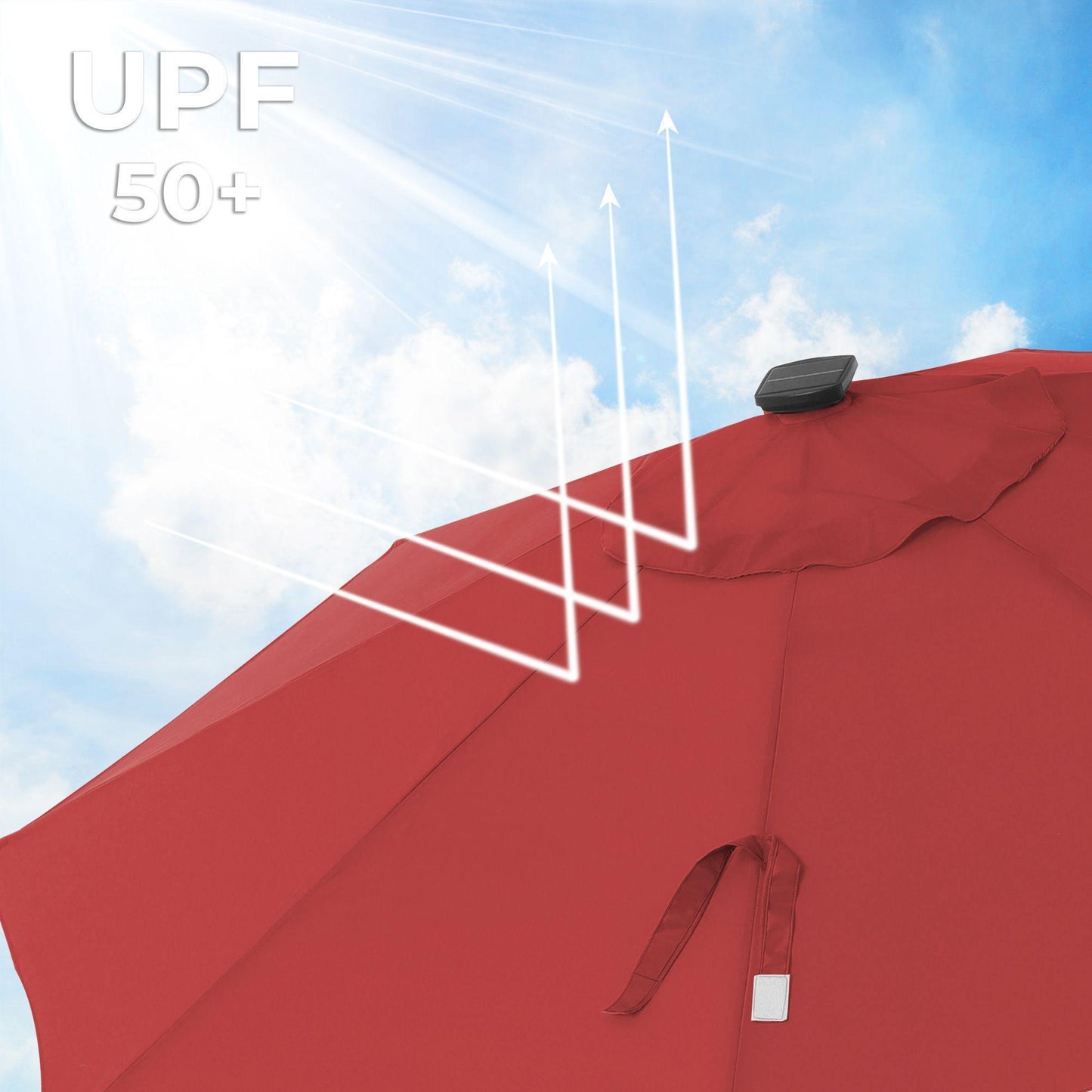 9 ft Solar Patio Red Umbrella, Lighted Outdoor Umbrella, 32 LED Lights, with Tilt and Crank Mechanism FredCo
