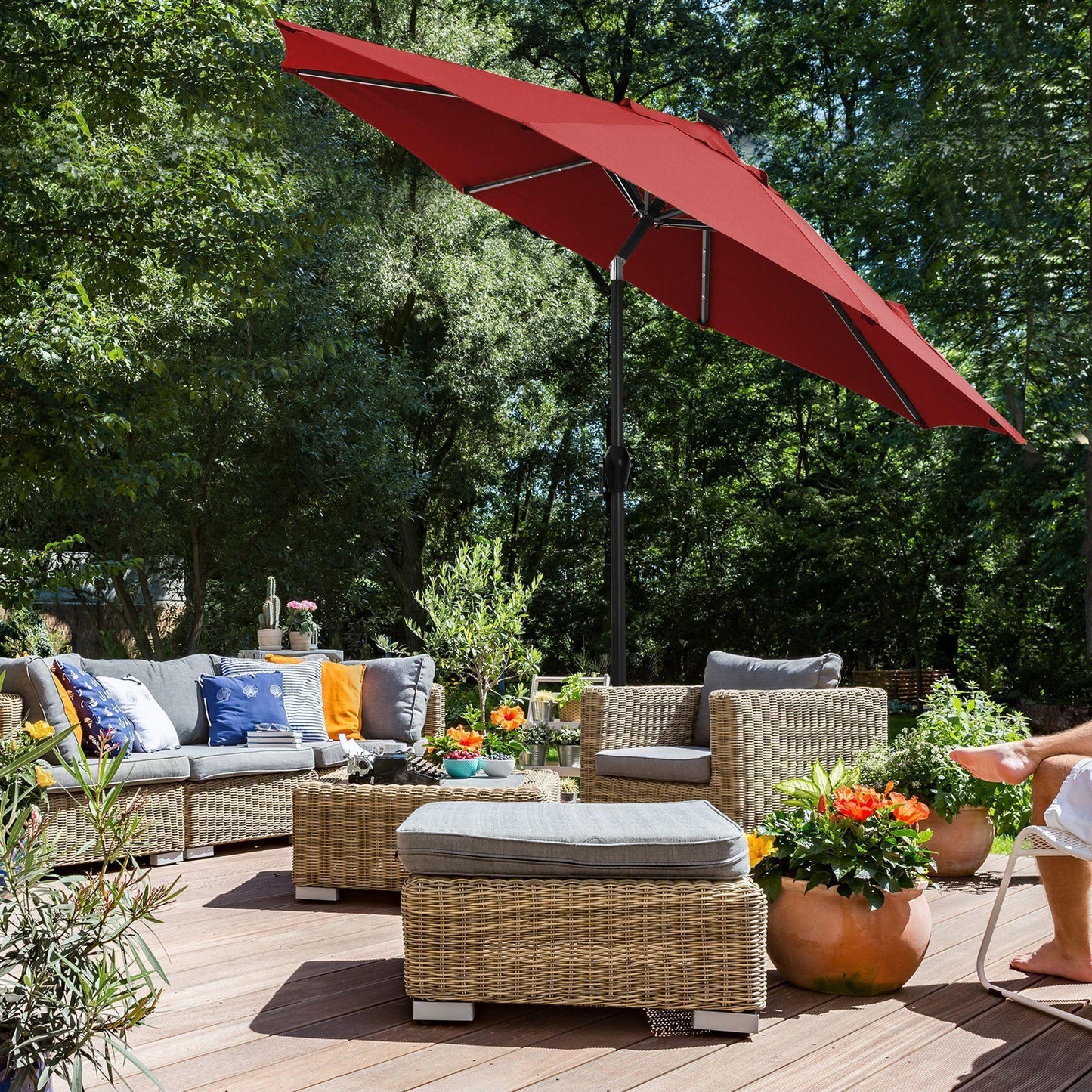 9 ft Solar Patio Red Umbrella, Lighted Outdoor Umbrella, 32 LED Lights, with Tilt and Crank Mechanism FredCo
