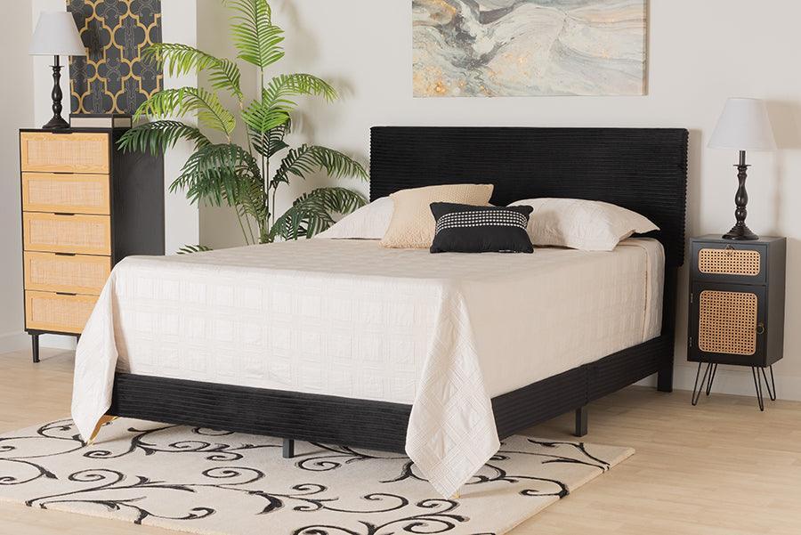 Abberton Modern and Contemporary Black Velvet and Gold Metal Queen Size Panel Bed FredCo
