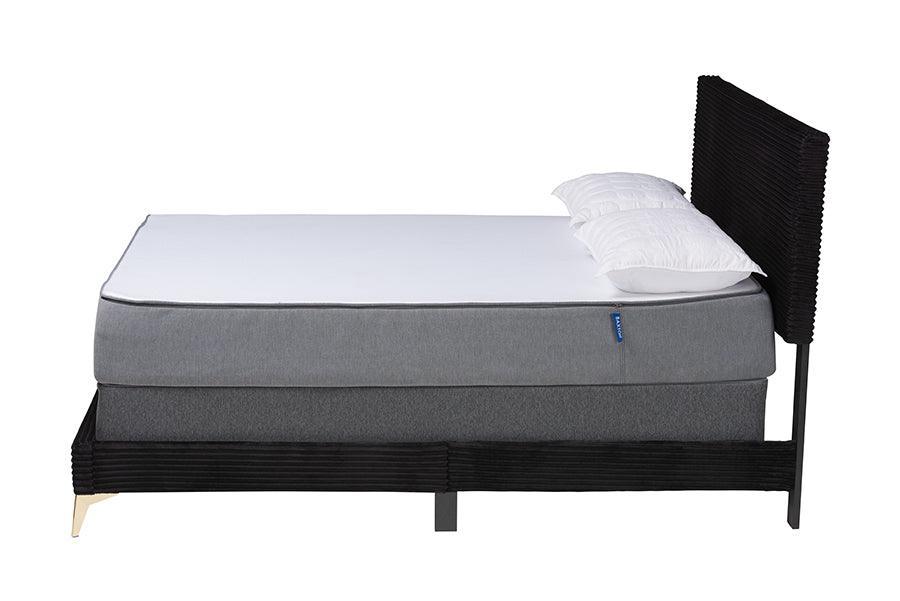 Abberton Modern and Contemporary Black Velvet and Gold Metal Queen Size Panel Bed FredCo