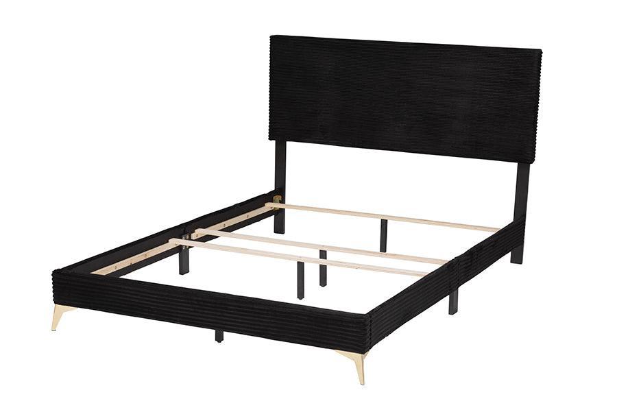 Abberton Modern and Contemporary Black Velvet and Gold Metal Queen Size Panel Bed FredCo