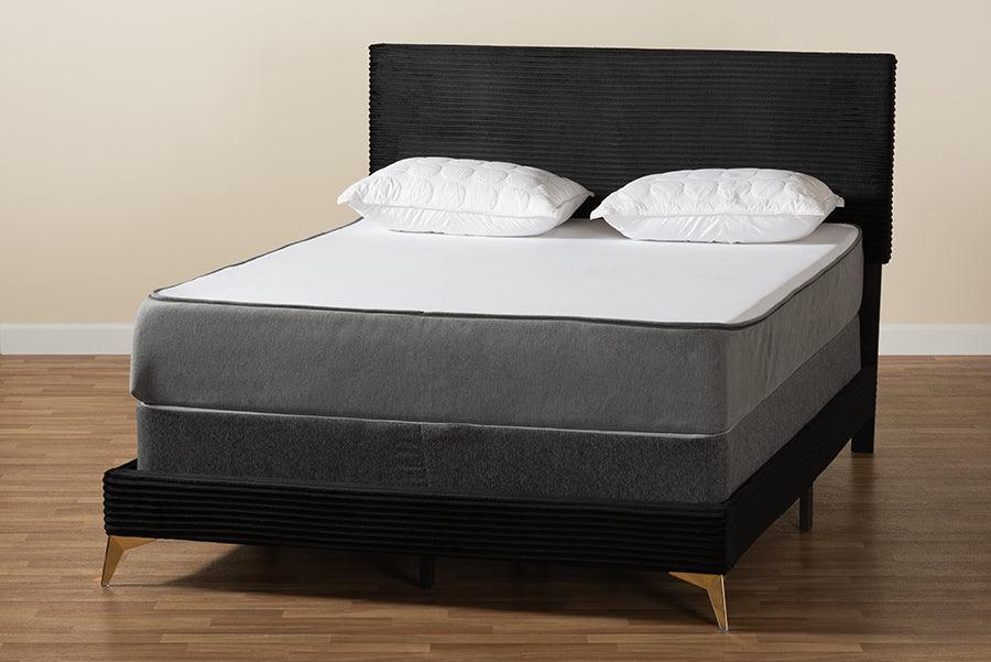 Abberton Modern and Contemporary Black Velvet and Gold Metal Queen Size Panel Bed FredCo