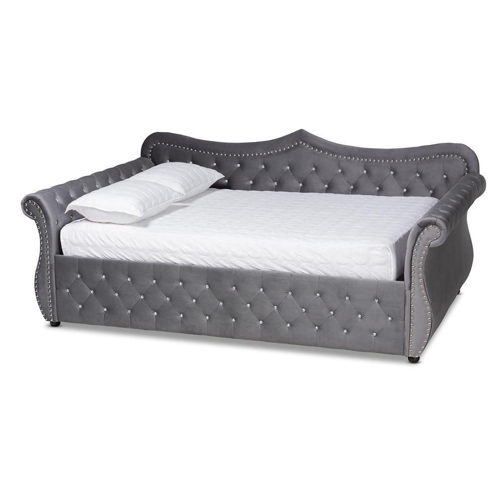 Abbie Traditional and Transitional Grey Velvet Fabric Upholstered and Crystal Tufted Full Size Daybed FredCo