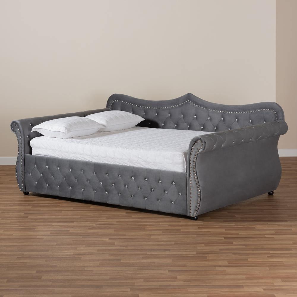 Abbie Traditional and Transitional Grey Velvet Fabric Upholstered and Crystal Tufted Full Size Daybed FredCo