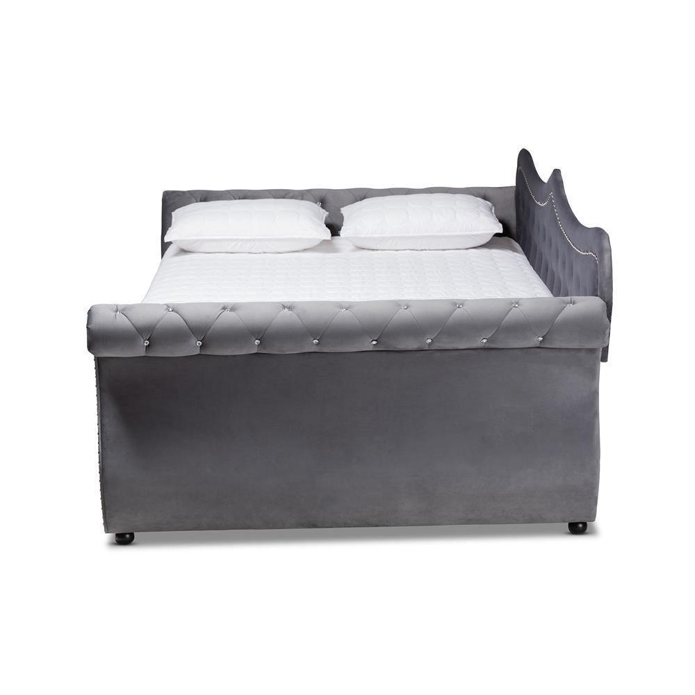 Abbie Traditional and Transitional Grey Velvet Fabric Upholstered and Crystal Tufted Full Size Daybed FredCo