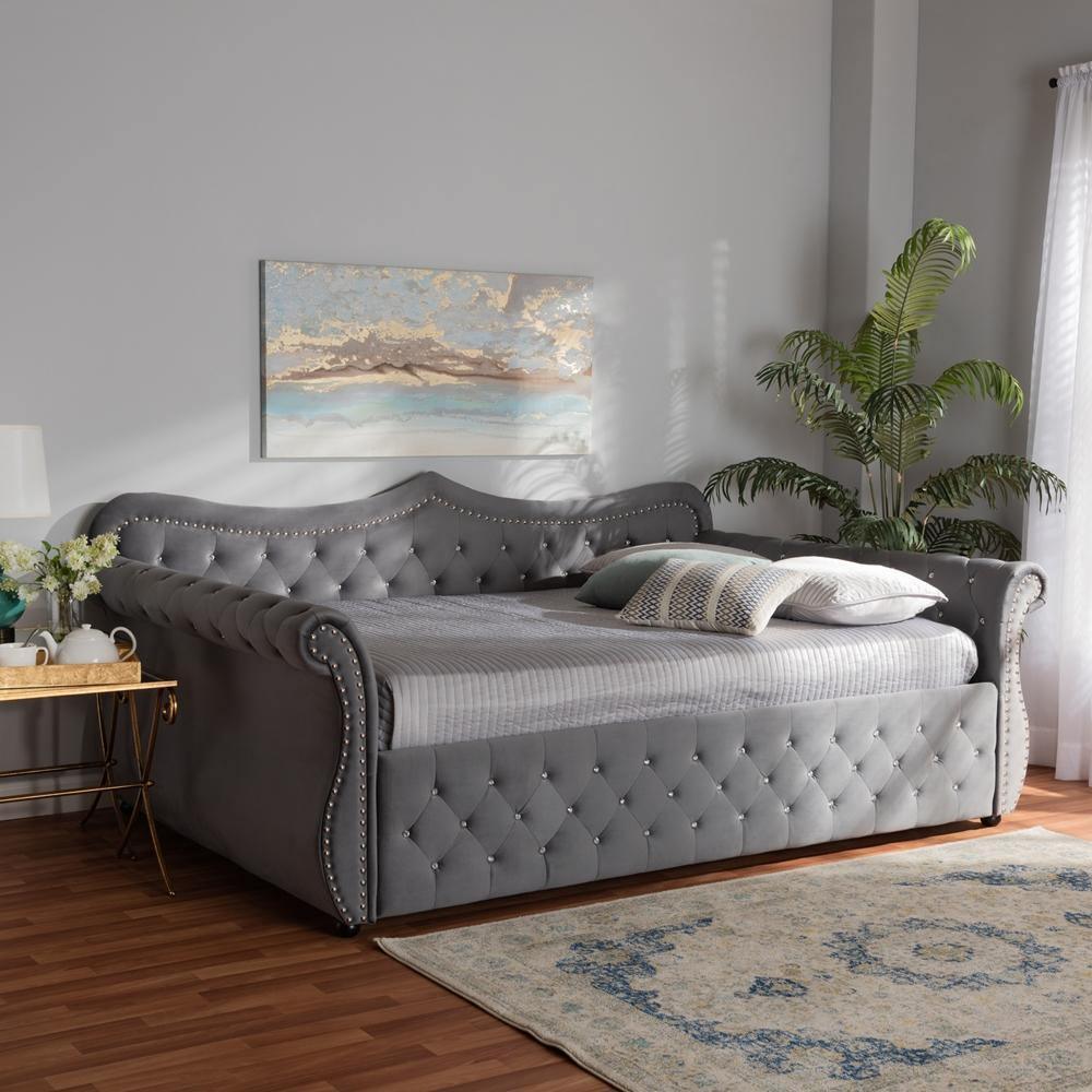 Abbie Traditional and Transitional Grey Velvet Fabric Upholstered and Crystal Tufted Queen Size Daybed FredCo