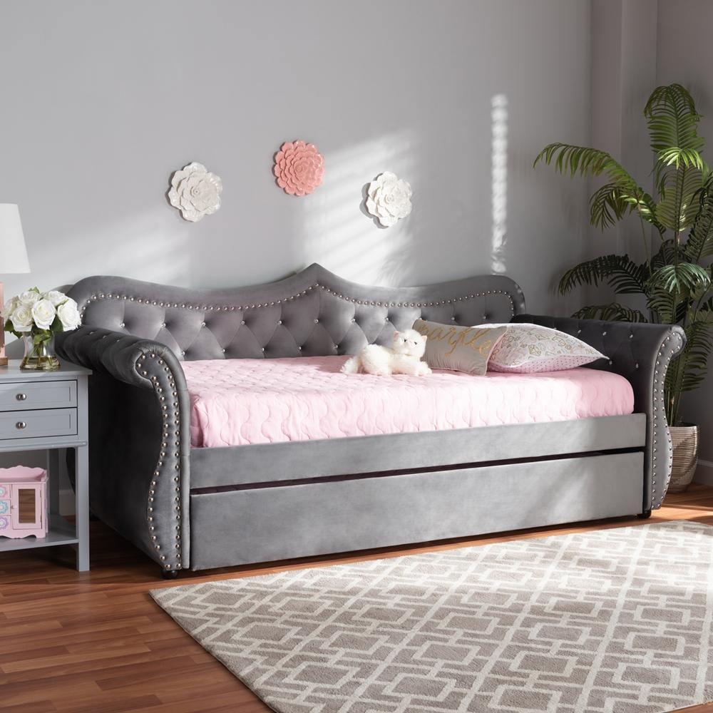 Abbie Traditional and Transitional Grey Velvet Fabric Upholstered and Crystal Tufted Twin Size Daybed with Trundle FredCo