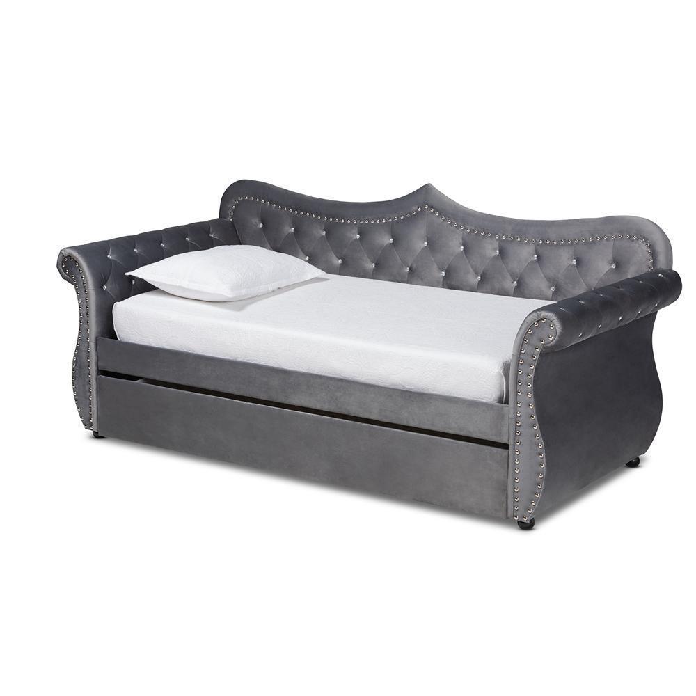 Abbie Traditional and Transitional Grey Velvet Fabric Upholstered and Crystal Tufted Twin Size Daybed with Trundle FredCo