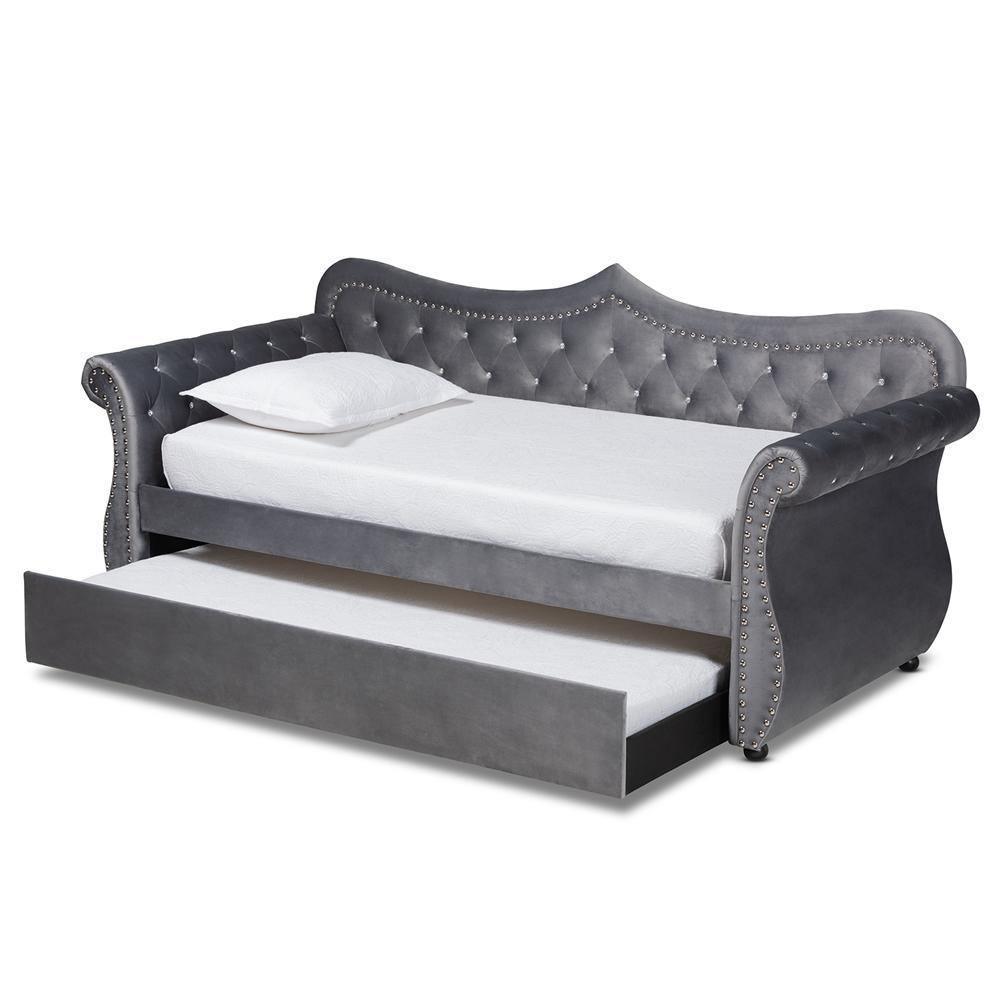Abbie Traditional and Transitional Grey Velvet Fabric Upholstered and Crystal Tufted Twin Size Daybed with Trundle FredCo