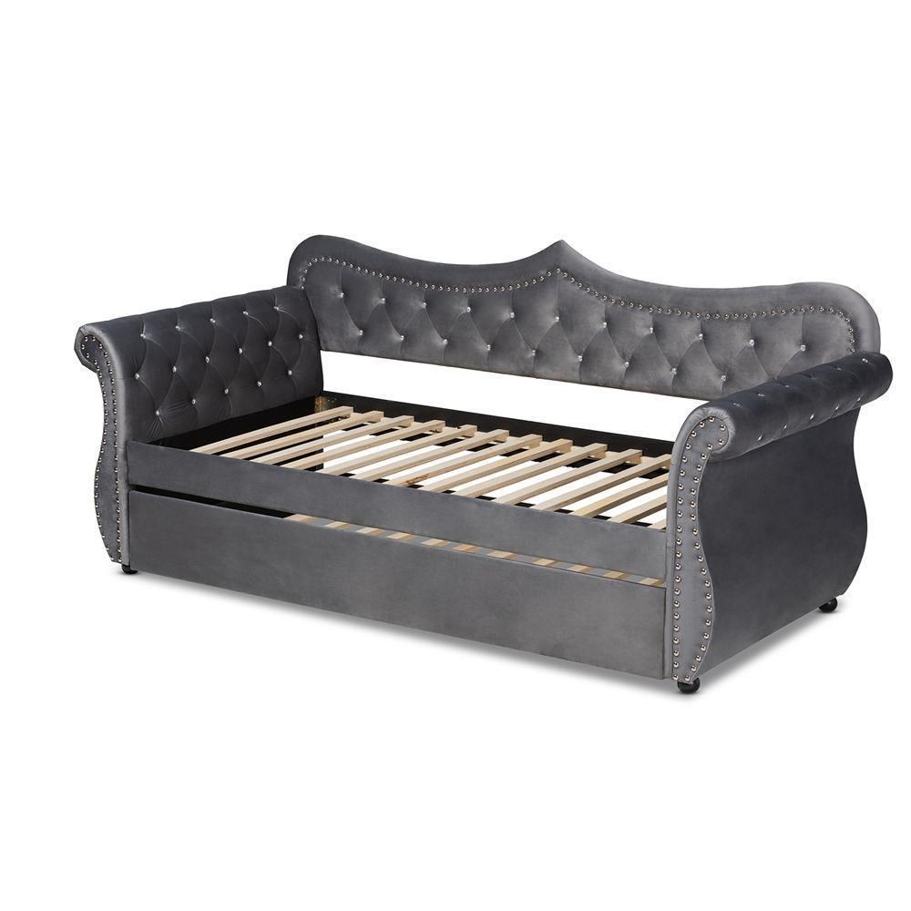 Abbie Traditional and Transitional Grey Velvet Fabric Upholstered and Crystal Tufted Twin Size Daybed with Trundle FredCo