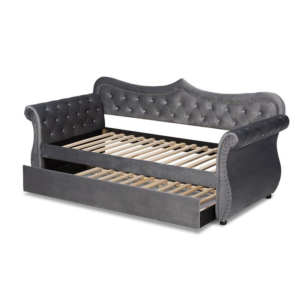 Abbie Traditional and Transitional Grey Velvet Fabric Upholstered and Crystal Tufted Twin Size Daybed with Trundle FredCo