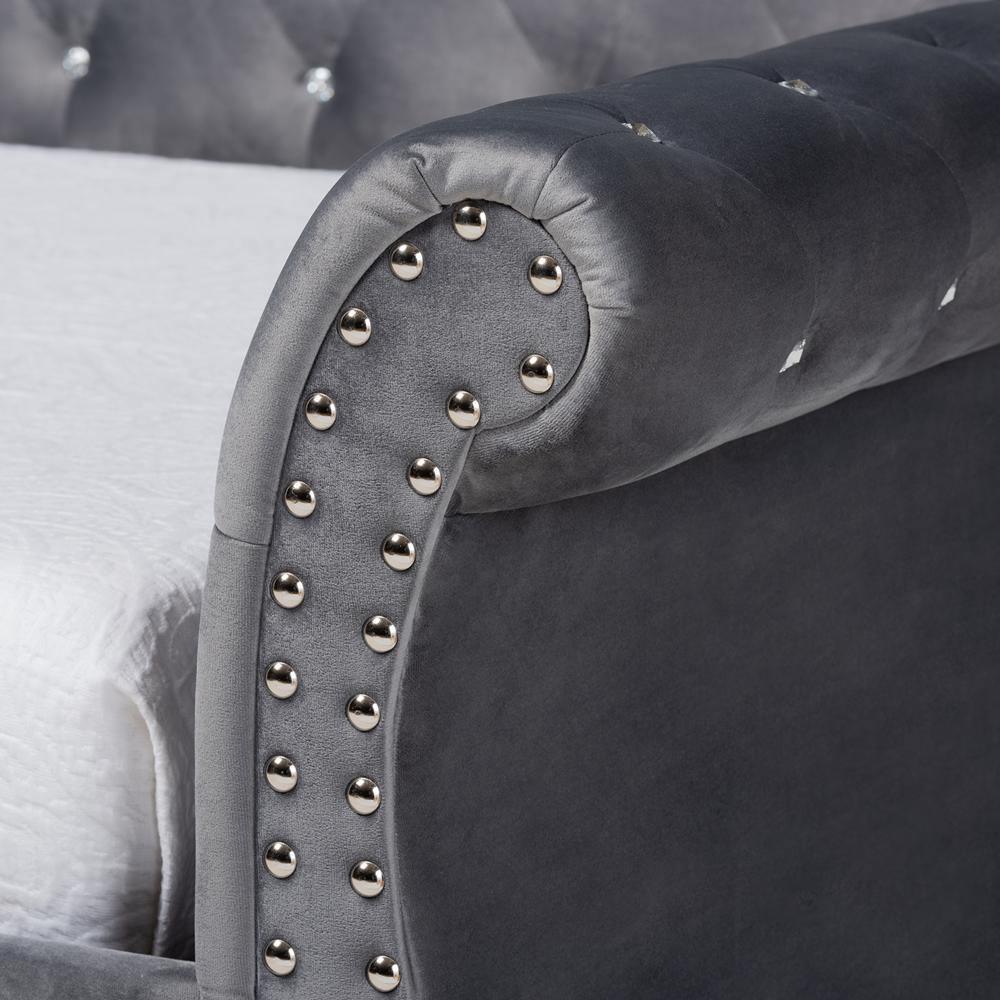 Abbie Traditional and Transitional Grey Velvet Fabric Upholstered and Crystal Tufted Twin Size Daybed with Trundle FredCo