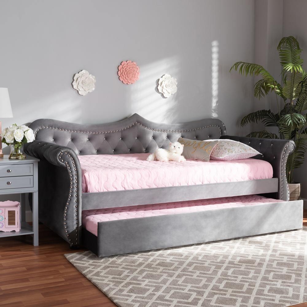 Abbie Traditional and Transitional Grey Velvet Fabric Upholstered and Crystal Tufted Twin Size Daybed with Trundle FredCo