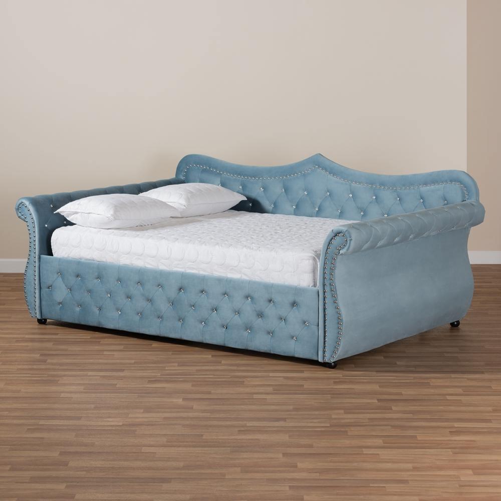 Abbie Traditional and Transitional Light Blue Velvet Fabric Upholstered and Crystal Tufted Full Size Daybed FredCo