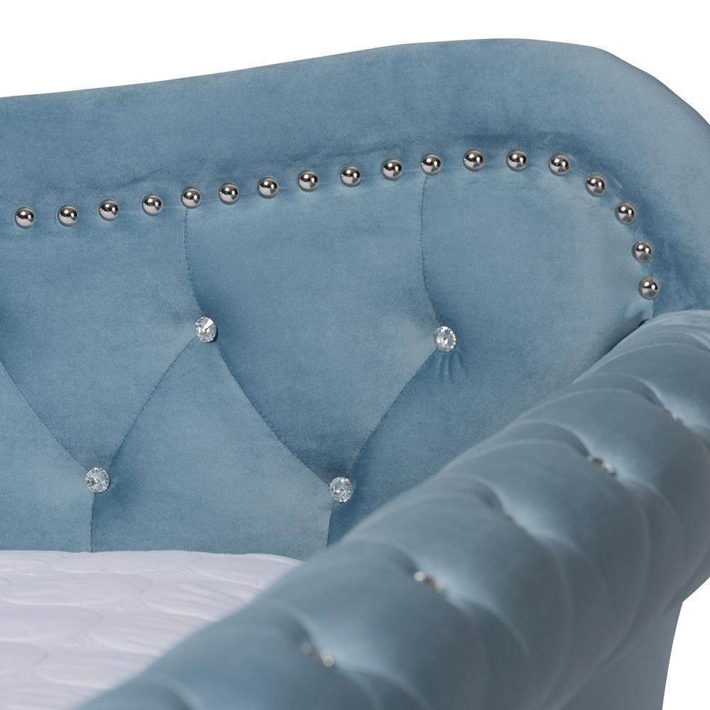 Abbie Traditional and Transitional Light Blue Velvet Fabric Upholstered and Crystal Tufted Full Size Daybed FredCo
