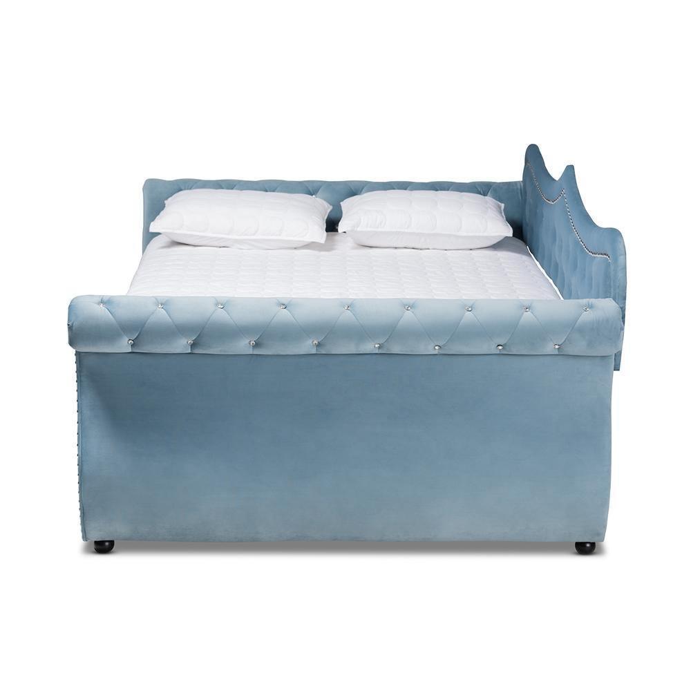 Abbie Traditional and Transitional Light Blue Velvet Fabric Upholstered and Crystal Tufted Full Size Daybed FredCo