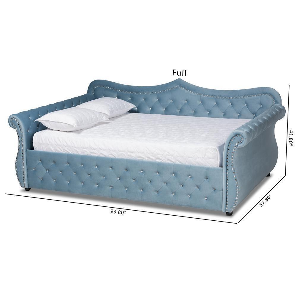 Abbie Traditional and Transitional Light Blue Velvet Fabric Upholstered and Crystal Tufted Full Size Daybed FredCo