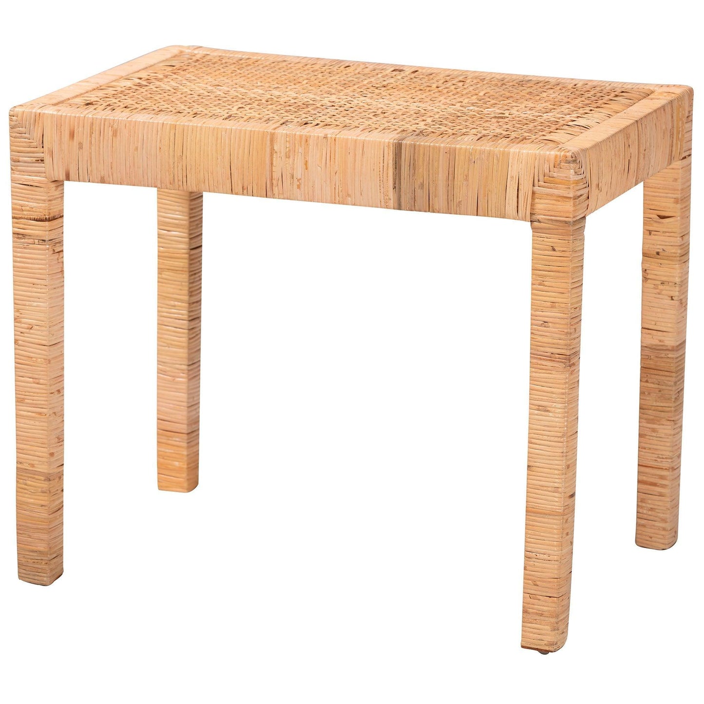Abelia Modern Bohemian Natural Rattan and Mahogany Wood Short Accent Bench FredCo