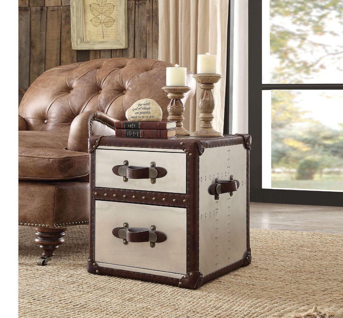 ACME Aberdeen End Table, Vintage Dark Brown Top Grain Leather & Aluminum FredCo