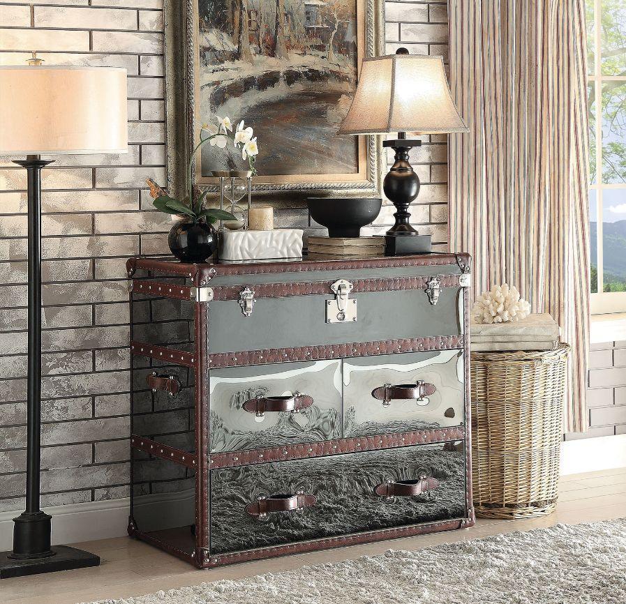ACME Aberdeen Sofa Table, Vintage Dark Brown Top Grain Leather & Stainless Steel FredCo