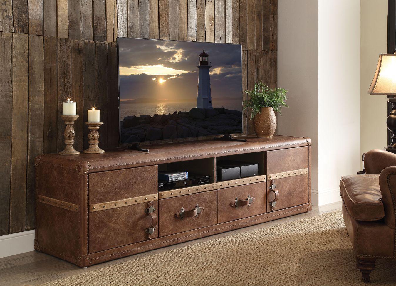 ACME Aberdeen TV Stand, Retro Brown Top Grain Leather FredCo
