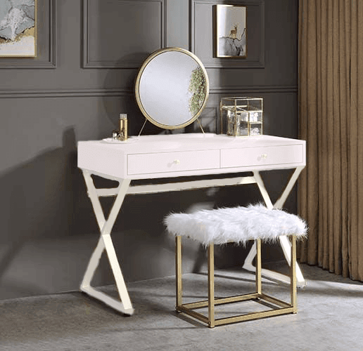ACME Adao Vanity Mirror & Stool, Faux Fur, Mirror, Pink & Gold Finish FredCo