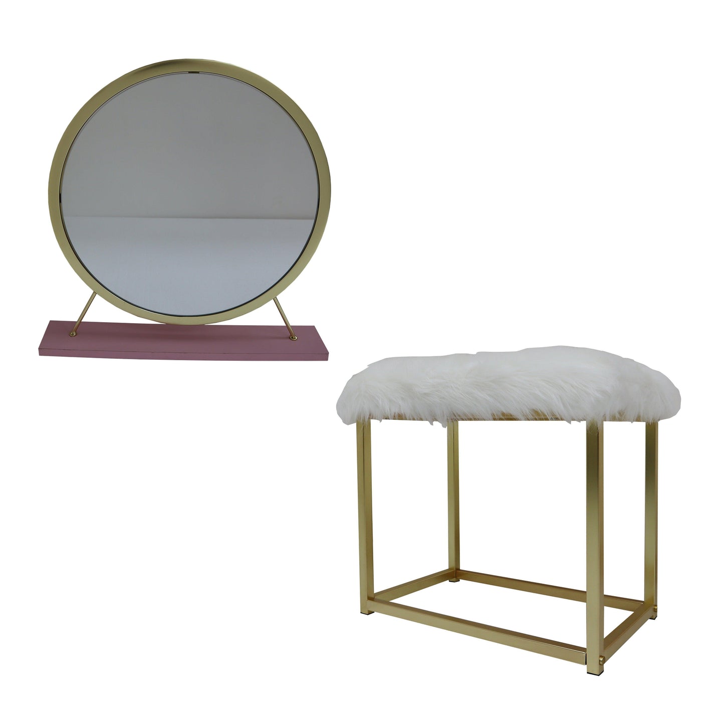ACME Adao Vanity Mirror & Stool, Faux Fur, Mirror, Pink & Gold Finish FredCo