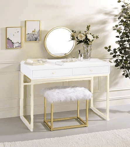 ACME Adao Vanity Mirror & Stool, Faux Fur, Mirror, White & Brass Finish FredCo